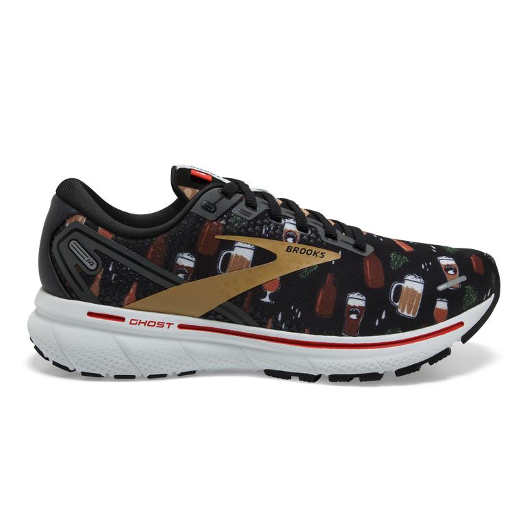 Brooks Ghost 14 Cushioned Men's Road Running Shoes - Black/White/Fiery Red (48369-FWUH)
